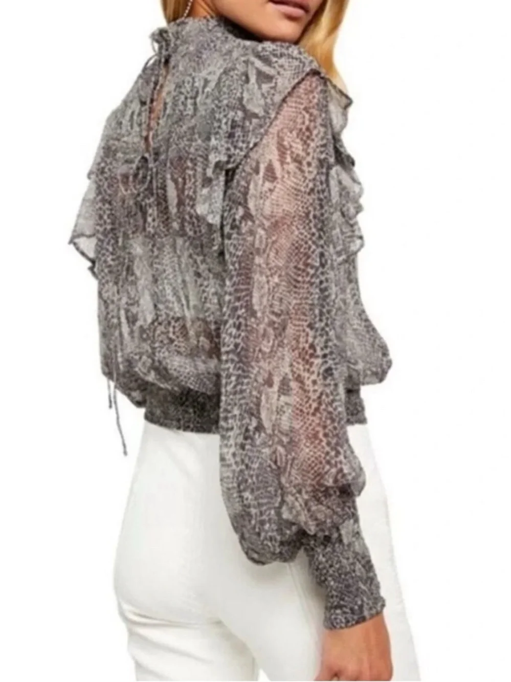 Free People Roma Smocked Blouse Neutral Snake Print Mock Neck Semi Sheer - M
